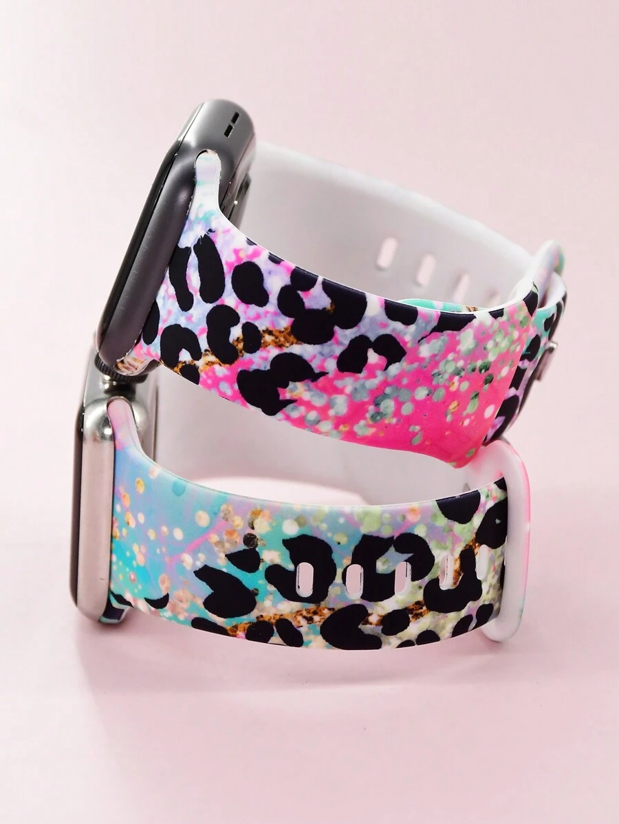 1条亮粉色和蓝色豹纹硅胶表带，适用于38/40/41/42mm/42/44/45/46/49mm表盘，兼容 Ultra 2/SE/10/9/8/7/6/5/4/3/2/1 - 藍粉紅色 - 查看 1