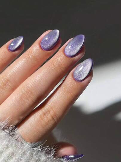 24Pcs Short Oval Crystal Purple Cat Eye Tip Acrylic Press On Nails Short Fit Perfectly False Nails Set ,Include: 1Pc Jelly Glue And 1Pc Nail File, Cat Eye Nails For Women And Girls Daily Life And Rave Party Use Nail Supplies Nails