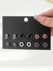 6 Pasang Anting-Anting Motif Mawar Berwarna Gelap, Manis, dan Pedas, Serbaguna untuk Pesta, Rock, dan Pasangan Modis - MultiWarna - View 1