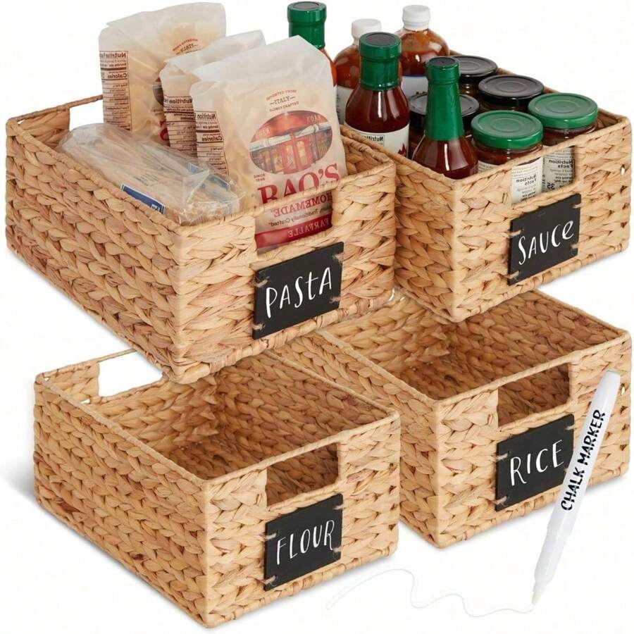 Best Choice Products Set Of 4 9x12in Water Hyacinth Pantry Baskets, Woven Kitchen Organizers W/Chalkboard Label, Chalk Marker - Natural
