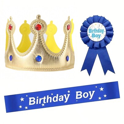 3個セット キッズ 誕生日パーティー バッジ&王冠ヘアピース、ランダムカラー、パーティー用品アクセサリー