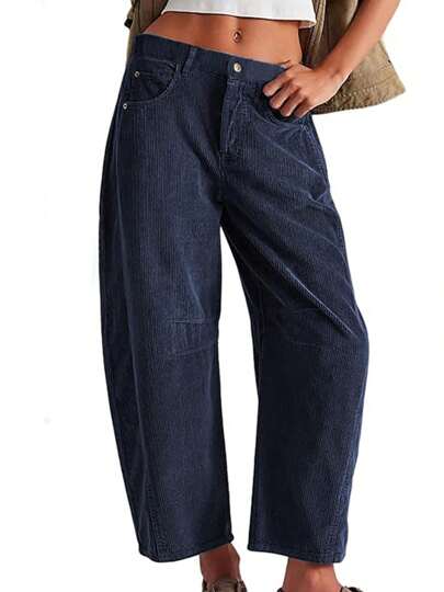 Women Capri Pants, Low Waist 3/4 Length Pants Corduroy Cropped Pants With Pockets For Casual Daily