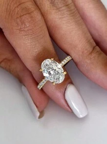 1件 925純銀亮面橢圓形訂婚戒指/結婚戒指，女款承諾戒指/永恆戒指，精美珠寶禮物 - 金色 - 查看 4
