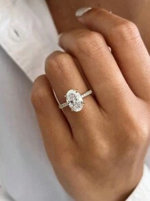 1件 925純銀亮面橢圓形訂婚戒指/結婚戒指，女款承諾戒指/永恆戒指，精美珠寶禮物 - 金色 - 查看 5