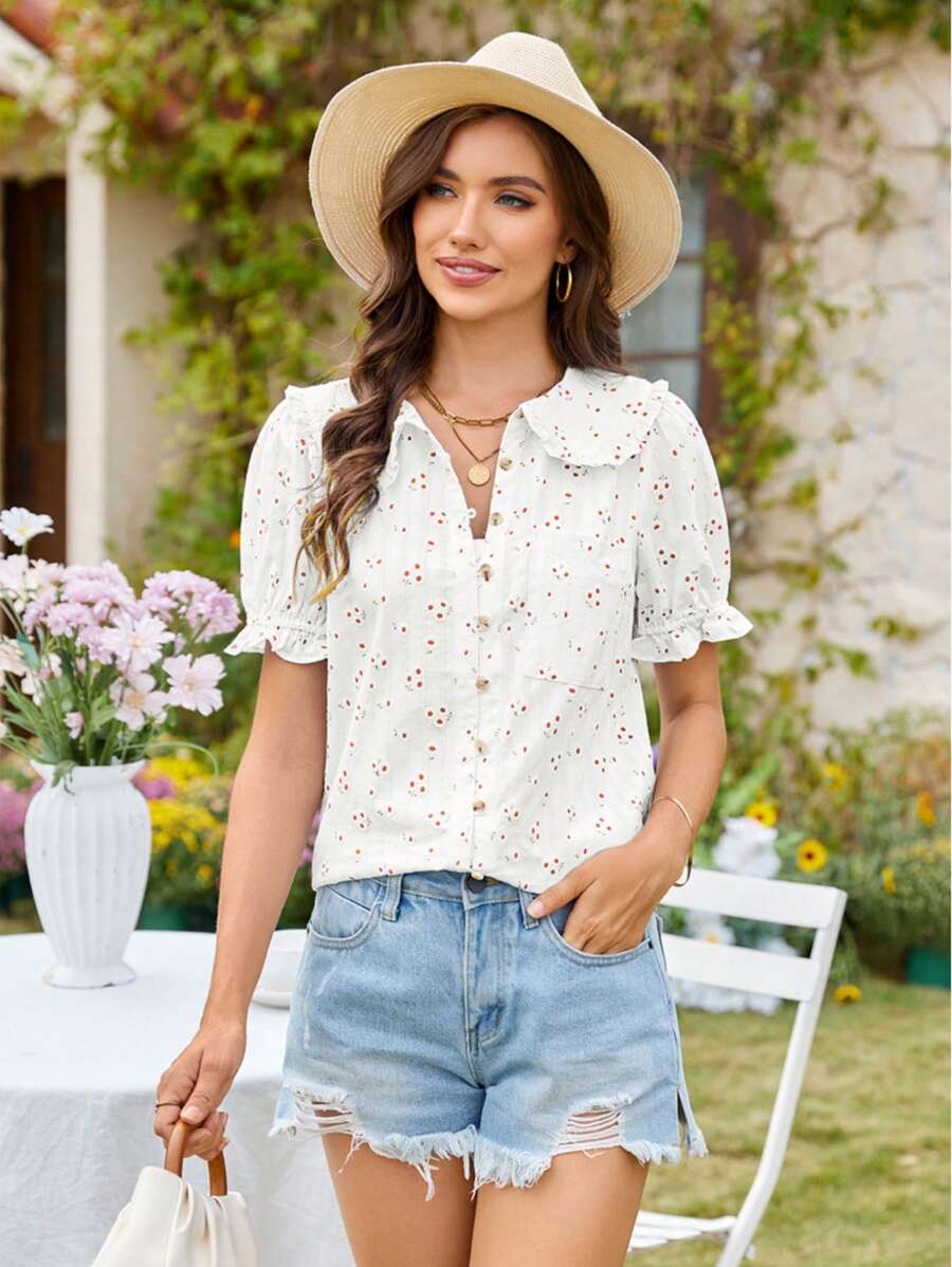 Graduation Women's Peter Pan Collar Button Frilled Short Sleeve Tops, Summer Casual Cotton Vintage Floral Shirt - 白花 - 查看 1