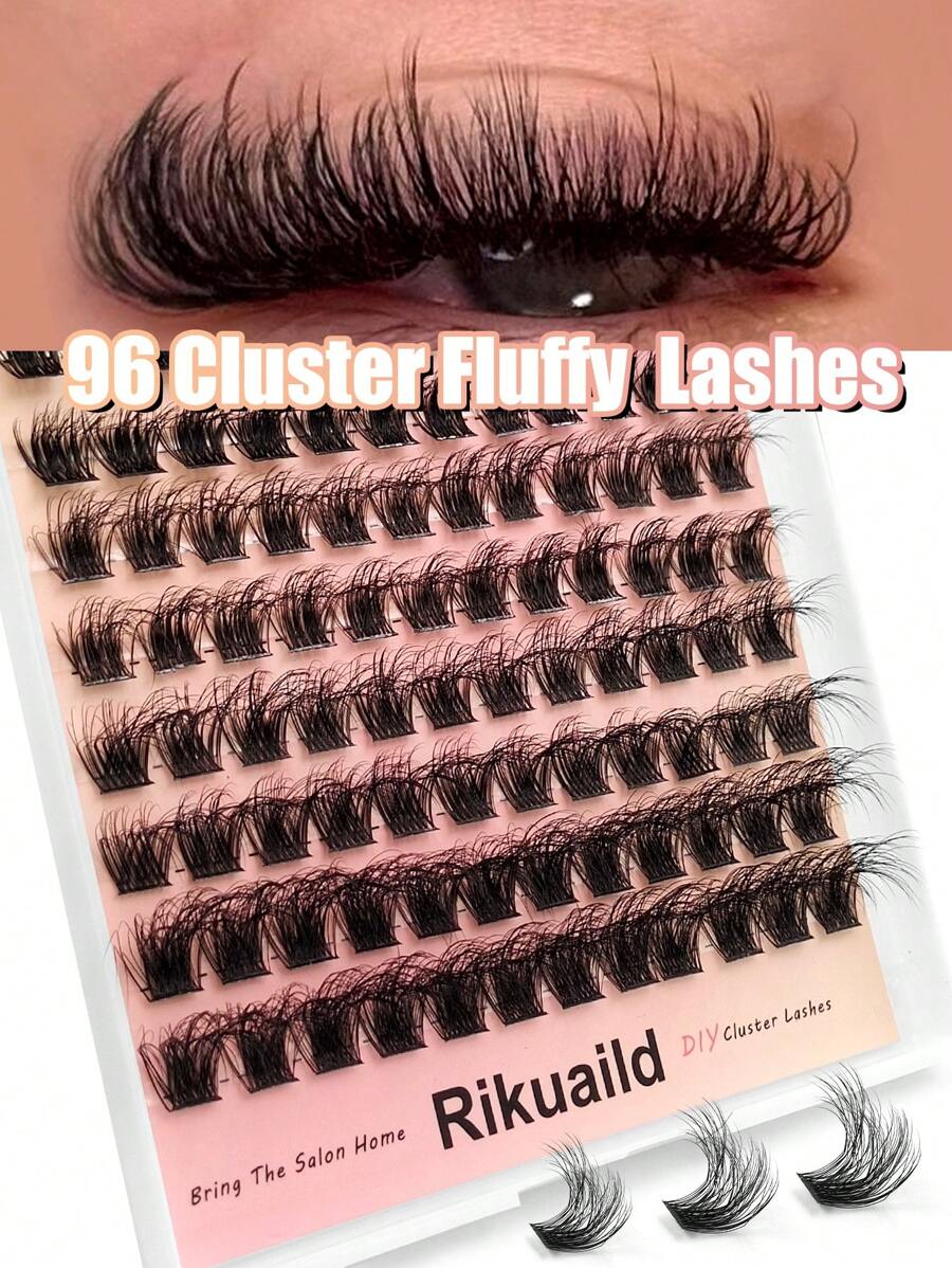 Rikuaild 蓬松假睫毛簇，96根单根假睫毛，浓密簇状假睫毛，D型卷翘睫毛簇，自然妆效，单根假睫毛长度10-16mm，浓密簇状假睫毛，睫毛簇，睫毛簇，单根假睫毛，假睫毛