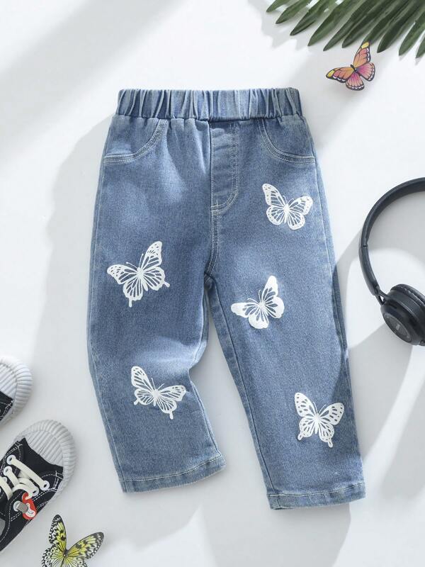 Baby Girl Butterfly Print Elastic Waist Loose Denim Jeans, Comfortable Casual Trousers, Suitable As Gift, Daily Wear, All Season