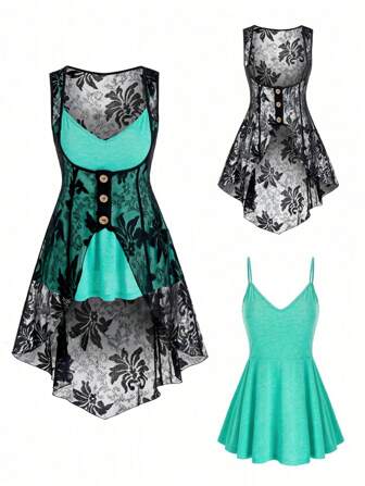 Plus Size Women's 2 Pieces Outfit Sheer Mesh Cover Up & Camisole Set ,See Through Lounge Wear" (Size 1X-5X)