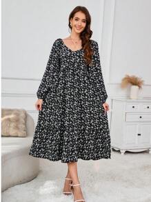 女式春季花卉褶皱娃娃裙孕妇长袖雪纺连衣裙