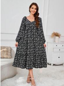 Vestido de chiffon de manga comprida com babados florais para maternidade primavera feminina