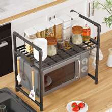 1pc Multi-Purpose Floor Standing Storage Rack With Handles And Hooks - Sturdy Plastic/Metal, Adjustable Shelves, Suitable For Microwave, Oven And Accessories Storage - Perfect For Countertops, Bedroom And Bathroom Essentials