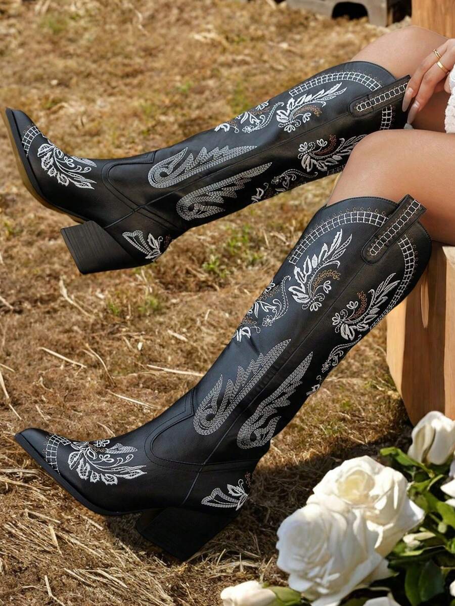 Botas vaqueras occidentales para mujer, con punta puntiaguda, bordadas, tacones gruesos, zapatos hasta la rodilla, botas de montar a la moda para exteriores