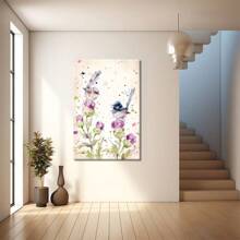 Two Birds On Flowers With Watercolor Effect Large Wooden Framed Wall Art Home Decor Canvas Painting- For Bedroom, Bathroom, Living Room, Office, Kitchen, Holiday Gift- 1pc