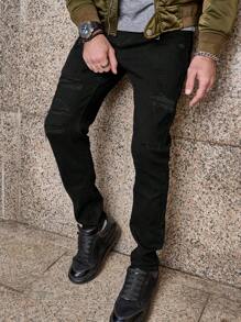 Men's Black Classic Skinny Slim Fit Jeans, Stretchy Ripped Black Denim Pants - Black - View 3