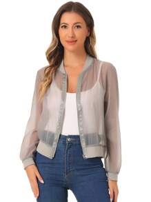 Women's Mesh Sheer Jacket See Through Long Sleeve Zip Up Bomber Jacket - Gray - View 1
