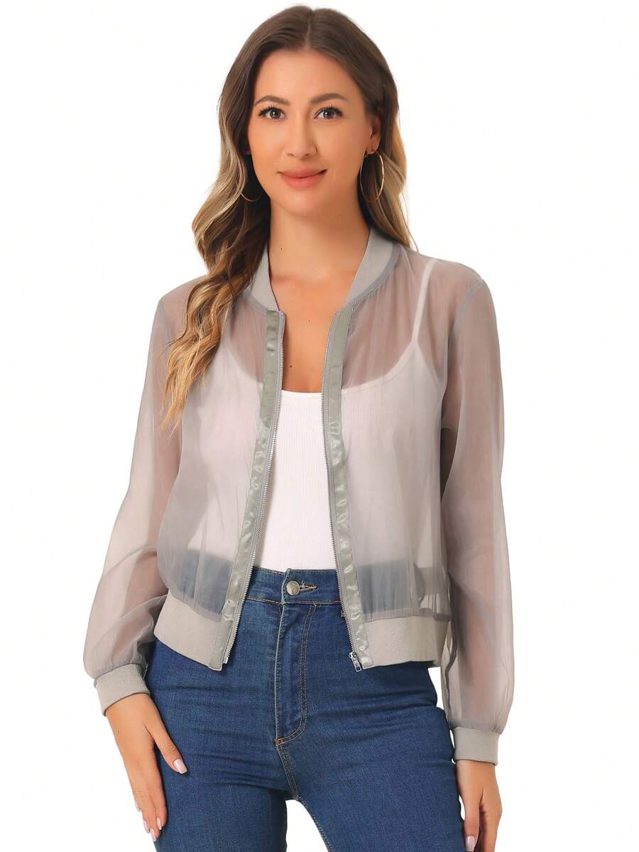 Women's Mesh Sheer Jacket See Through Long Sleeve Zip Up Bomber Jacket - Gray - View 1