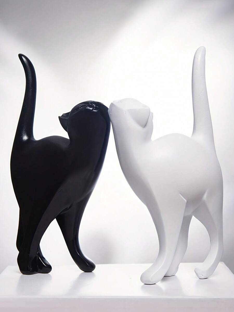 1pc创意造型猫咪情侣黑白带尾巴可爱猫咪家居客厅玄关树脂家居情侣摆件装饰decorazioni相机家居装饰