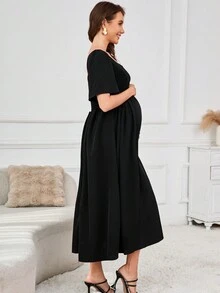 2025 Spring/Summer New Square Collar Flare Hem Maternity Dress With Short Sleeves - Black - View 4
