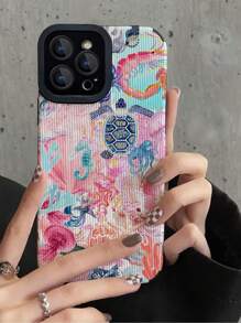 1pc Soft Silicone Phone Case With Light Blue & Pink Marine Life Graphic, Vertical Stripe & Faux Leather Texture, Compatible With IPhone Apple 16/16 Plus/16 Pro/16 Pro Max & Waterproof Shockproof Anti-Fall Scratch Resistant - Multicolor - View 2