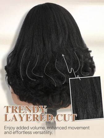 Yaki Kinky Straight Glueless Loose Wavy Bob Wigs Big Small Lace Front Body Wave Wig Synthetic Curly Lady Side Part Natural Hairline Wigs For Women (Black, 16 Inches)