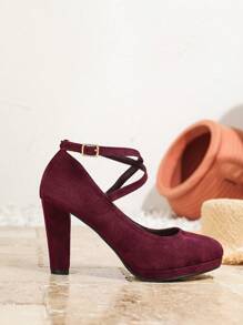 Women's Burgundy Crossover Strap Round Toe Chunky Heel Platform Pumps, Elegant Formal Office Dress Shoes