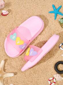 1 Pair Girls' Comfortable, Fashionable, Casual, Lightweight, Cute Cartoon Pink Heart Indoor/Outdoor Beach Anti-Slip Wear-Resistant Foam Slippers, Suitable For Spring/Summer - Pink - View 1