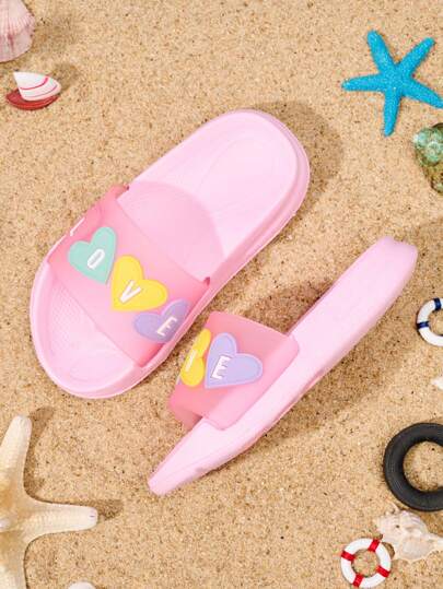 1双女童舒适、时尚、休闲、轻便、可爱卡通粉色爱心室内/室外沙滩防滑耐磨泡沫拖鞋，适合春夏穿着