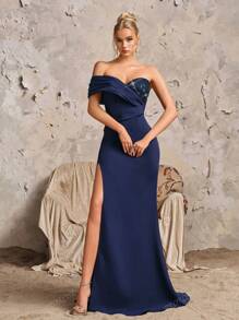 Abito da sera lungo in raso con spacco e inserti in paillettes di alta gamma, abito da cerimonia di lusso per sfilata, festa cocktail, abito da ospite di matrimonio