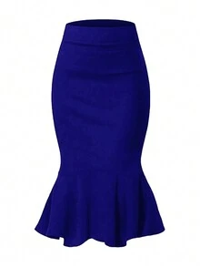 女士通勤鱼尾铅笔裙，高腰及膝修身包臀裙，弹力涤纶混纺面料，适合所有季节，春季皆宜 - 寶藍色 - 查看 3