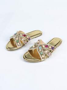 French Style Gold Flat Sandals, New Handmade Colorful Rhinestones T-Strap Beach Slippers
