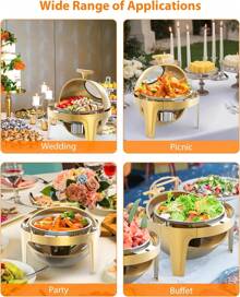 6.3 Quart Round Roll Top Chafing Dish Buffet Set, Stainless Steel Buffet Food Warmer Servers Chafer For Catering With Glass Window For Party Wedding Banquet Graduation Event, Gold - Gold - View 5