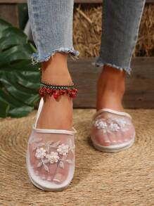 Pantuflas tipo mule sin respaldo para mujer, planas con bordados de malla transpirable, sandalias deslizantes blancas elegantes y casuales para interiores/exteriores, cómodas sandalias planas - Blanco - Ver 4