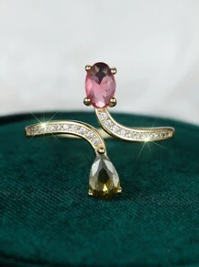 Unique Charming 925 Sterling Silver Gold Rose Red Olive Green Zirconia Open Ring, Luxury Jewelry Gift Suitable For Women Party & Daily Wear - Gold - View 1