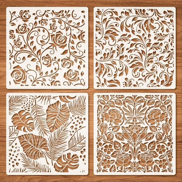 4 Stück Blumen- und Blatt-Schablonen zum Malen, wiederverwendbare Blumen-Schablone, Gras-Blatt-Schablone zum Malen an Wänden, DIY Heimdekoration