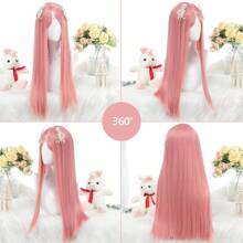 Peluca de pelo largo y liso de color rosa sintético, para disfraz de Lolita femenina en festividades