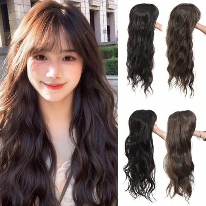 顶级假发 4 夹一体式接发 合成假发带刘海发夹 遮盖黑发 长卷发 大波浪 耐热