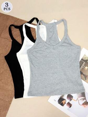 3pcs Women's Camisole Tank Top, Fitted Sleeveless Undershirt