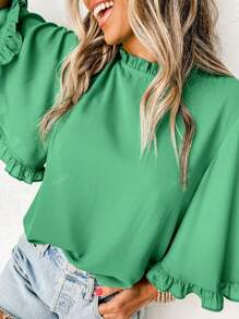 Acelitt Blusa verde con cuello redondo fruncido, manga media ancha