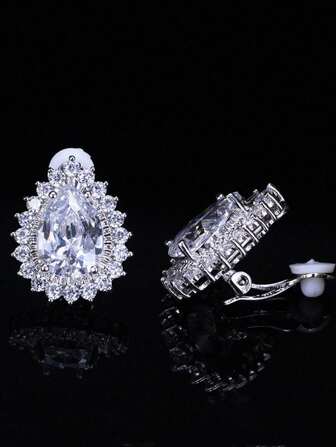 1 Pair Dazzling Cubic Zirconia Big Water Drop Non-Pierced Clip-On Earrings, Silver Plated CZ Crystal Teardrop Stud Jewelry For Engagement, Wedding, Bridal, Banquet, Party, Prom, Pageant, Women, Brides, Bridesmaids, High Quality Accessory