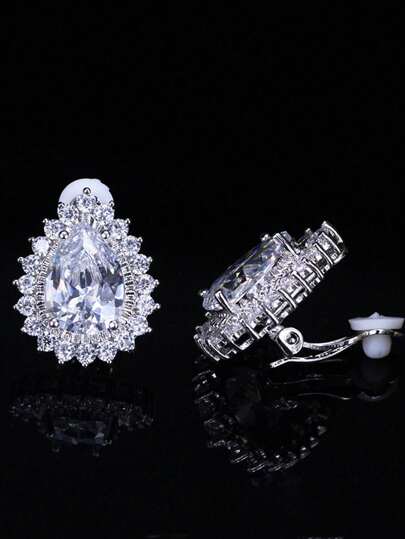 1 Pair Dazzling Cubic Zirconia Big Water Drop Non-Pierced Clip-On Earrings, Silver Plated CZ Crystal Teardrop Stud Jewelry For Engagement, Wedding, Bridal, Banquet, Party, Prom, Pageant, Women, Brides, Bridesmaids, High Quality Accessory