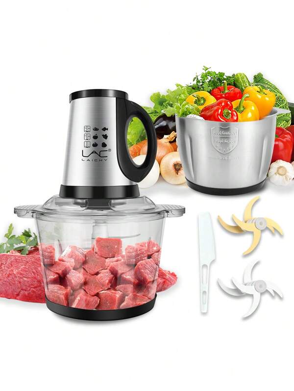 1pc European Plug Supply 3.8L Multifuncional Tigela de Aço Inoxidável Vidro Recipiente Duplo Processador de Alimentos com Trava de Segurança, Sem Lâmina Necessária, Picagem Rápida para Carne, Recheio e Alho