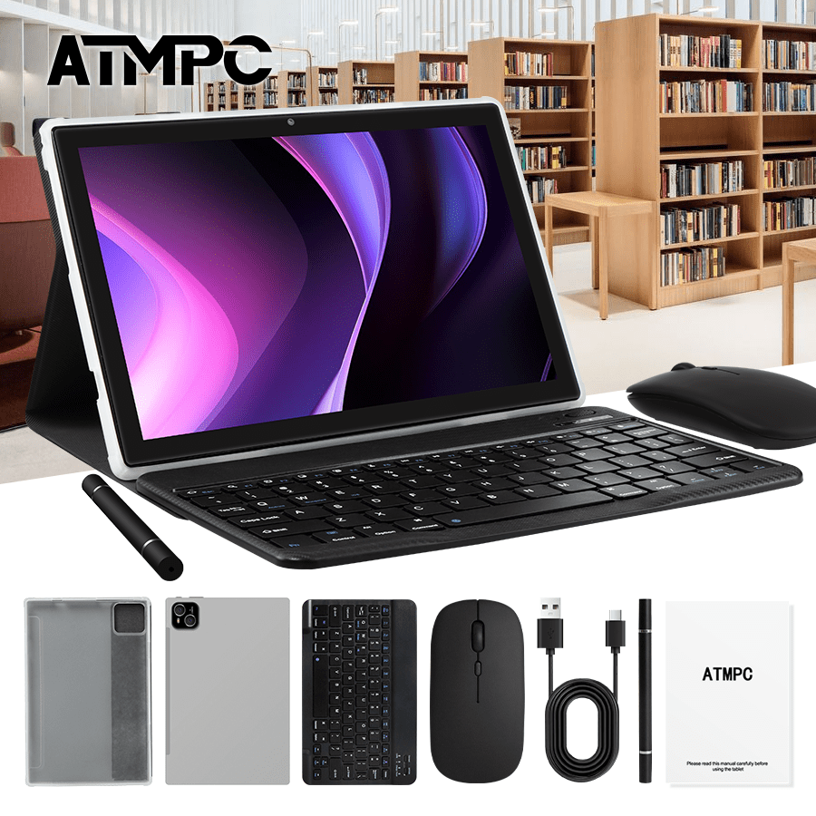 ATMPC 10.1 pollici Android 14, 4GB RAM, 128GB ROM, Octa Core, BT 5.4, WIFI 6, con tastiera, mouse, custodia, penna Tablet PC 2 in 1