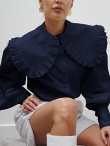 Elegant Women's Solid Color Peter Pan Collar Bishop Sleeve & Ruffle Detail Fashion Long Sleeve Blouse, Versatile For Commute, Casual, Minimalist, Spring/Summer/Autumn/Winter, Suitable For New Year, New Year's Eve, Valentine's Day, Date, Party, Business Office, Romantic Valentine's Day - Navy Blue - View 11