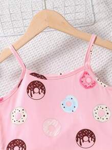 Young Girls Sweet Casual 2 Pieces Set, Donut Print Camisole Top And Donut Print Shorts