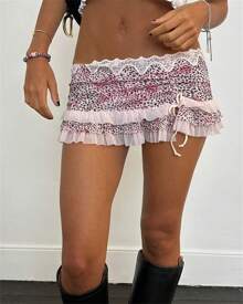 Women Mini Short Skirt Low Waisted Leopard Print Ruffle Lace Edge Fashion Short Skirt - 粉色 - 查看 2