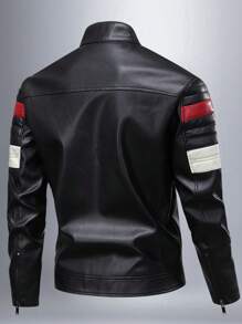 Men's Long Sleeve Autumn Spring Contrast Color Stand Collar PU Leather Jacket, Fashionable Stylish Motorcycle Biker Jacket, Grunge - Black - View 2