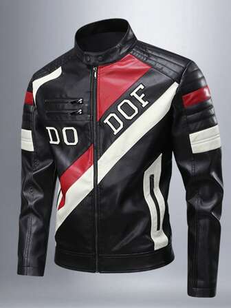เสื้อแจ็คเก็ตหนัง PU คอตั้ง แขนยาว สีตัดกัน สำหรับผู้ชาย ใส่ได้ในฤดูใบไม้ผลิและใบไม้ร่วง, เสื้อไบเกอร์มอเตอร์ไซค์สุดทันสมัย, สไตล์ Grunge