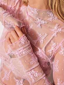 Women Long Sleeve T-Shirts Mesh See-Through Mock Neck Lace Shirts Spring Fall Slim Fit Tops Streetwear S-XL - 粉色 - 查看 2