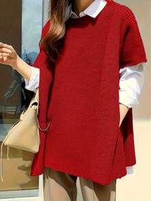 Plus Size Comfortable And Elegant Solid Color Sleeveless Knitted Pullover Top - Fashionable For Autumn/Winter