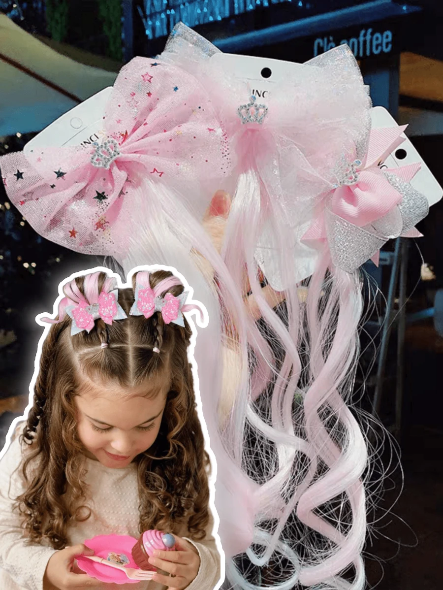 Pink Hair Extensions For Kids Glitter Hair Clips With Braided Curly Wig Extensions For Hair Braiding Ponytails Princess Costume Dress Up Accessories Bowknot Hair Clips For Little Girls (Mesh/Sequins/ Pentagram) - Pink - View 1